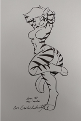 Size: 1440x2147 | Tagged: suggestive, artist:eric w schwartz, feline, mammal, anthro, digitigrade anthro, 2019, arms behind head, black and white, breasts, commission, female, fur, grayscale, hair, irl, marker drawing, monochrome, photo, photographed artwork, signature, standing on one foot, striped fur, tail, traditional art