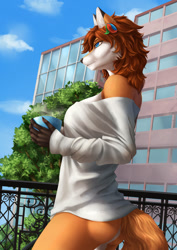 Size: 848x1200 | Tagged: safe, artist:elvofirida, oc, oc only, oc:samantha (synrock01), canine, fox, mammal, red fox, anthro, 2021, black nose, blue eyes, bottomless, breasts, brown body, brown fur, butt, clothes, coffee, drink, ear fluff, eyebrows, eyelashes, feather, feather in hair, feathers, female, fluff, fur, gloves (arm marking), hair, hair accessory, nudity, orange body, orange fur, outdoors, partial nudity, shirt, solo, solo female, tail, tail fluff, topwear, vixen, white body, white fur