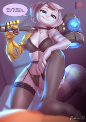 Size: 897x1269 | Tagged: suggestive, artist:pakwan008, rivet (r&c), fictional species, lombax, mammal, anthro, ratchet & clank, 2021, bedroom eyes, big breasts, blue eyes, blue pupils, bra, breasts, cleavage, clothes, colored pupils, dialogue, ear piercing, earring, ears, eyebrows, eyelashes, female, hair, legwear, lingerie, looking at you, panties, piercing, pink nose, prosthetic arm, prosthetics, smiling, smiling at you, solo, solo female, speech bubble, tail, talking, thigh highs, thighs, underwear, weapon