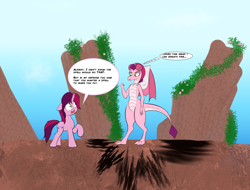 Size: 1680x1280 | Tagged: safe, artist:fiftyfivefives, oc, oc:gloomy, oc:marker pony, dragon, equine, fictional species, mammal, pony, unicorn, western dragon, dialogue, dragoness, dragonified, duo, duo female, female, females only, mare, species swap, talking, transformation