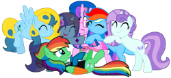 Size: 2227x1019 | Tagged: safe, artist:徐詩珮, rainbow dash (mlp), oc, oc:brush prism, oc:diamant, oc:hsu amity, oc:lightning chaser, oc:rainbow eevee, oc:savannah london, alicorn, eevee, eeveelution, equine, fictional species, mammal, pegasus, pokémon pony, pony, unicorn, feral, friendship is magic, hasbro, my little pony, nintendo, pokémon, female, group, magic wings, wings