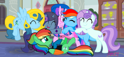 Size: 2340x1080 | Tagged: safe, artist:徐詩珮, rainbow dash (mlp), oc, oc:brush prism, oc:diamant, oc:hsu amity, oc:lightning chaser, oc:rainbow eevee, oc:savannah london, alicorn, eevee, eeveelution, equine, fictional species, mammal, pegasus, pokémon pony, pony, unicorn, feral, friendship is magic, hasbro, my little pony, nintendo, pokémon, 13:6, female, group, magic wings, wings
