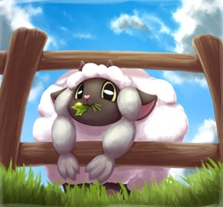Size: 1280x1188 | Tagged: safe, artist:otakuap, fictional species, mammal, wooloo, feral, nintendo, pokémon, 2019, cloud, cute, digital art, ears, eating, fur, grass, looking at you, pink nose, sky, solo, wool