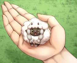 Size: 1280x1056 | Tagged: safe, artist:otakuap, fictional species, human, mammal, wooloo, feral, nintendo, pokémon, 2019, blushing, cute, duo, ears, fur, hands, holding, hooves, horn, looking at you, micro, open mouth, pink nose, tongue, wood