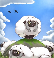 Size: 1191x1280 | Tagged: safe, artist:otakuap, fictional species, mammal, wooloo, feral, nintendo, pokémon, 2019, cloud, digital art, ears, eating, fur, group, hooves, horn, open mouth, pink nose, sky, tongue, wool