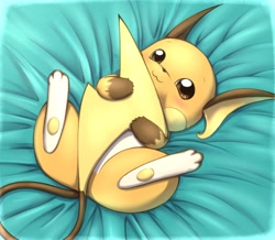 Size: 1280x1118 | Tagged: safe, artist:otakuap, fictional species, mammal, raichu, feral, nintendo, pokémon, 2019, bed, black nose, digital art, ears, fur, looking at you, lying down, lying on bed, on bed, paws, solo