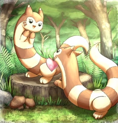 Size: 1225x1280 | Tagged: safe, artist:otakuap, fictional species, furret, mammal, feral, nintendo, pokémon, 2019, black nose, cute, digital art, duo, ears, female, food, fruit, fur, holding, looking at each other, lying down, male, male/female, mouth hold, paws, romantic