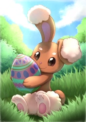 Size: 906x1280 | Tagged: safe, artist:otakuap, buneary, fictional species, feral, nintendo, pokémon, 2019, 2d, cloud, cute, digital art, ears, easter, easter egg, featured image, fluff, fur, grass, hair, holding, holiday, paws, pink nose, sitting, sky, solo, tail, tree, underpaw