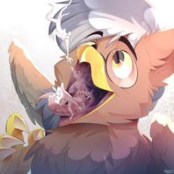 Size: 2420x2420 | Tagged: suggestive, artist:pinedx, bird, feline, fictional species, gryphon, mammal, mouse, rodent, feral, ambiguous gender, glasses, group, high res, imminent vore, mawplay, micro, oral vore, saliva, size difference, vore