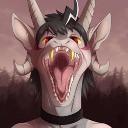 Size: 1280x1280 | Tagged: suggestive, artist:corriezodori, dragon, fictional species, reptile, scaled dragon, ambiguous form, ambiguous gender, bust, collar, gold tooth, mawshot, open mouth, saliva, sharp teeth, teeth, tongue, tongue out