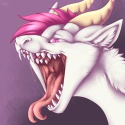 Size: 1280x1280 | Tagged: suggestive, artist:corriezodori, dragon, fictional species, furred dragon, ambiguous form, ambiguous gender, bust, forked tongue, mawshot, open mouth, saliva, sharp teeth, teeth, tongue, tongue out