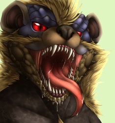 Size: 1200x1280 | Tagged: suggestive, artist:corriezodori, fictional species, monster, reptile, ambiguous form, monster hunter, ambiguous gender, arzuros, bust, mawshot, open mouth, saliva, sharp teeth, teeth, tongue, tongue out