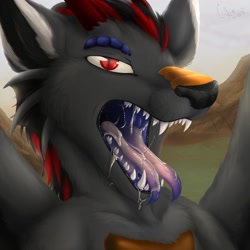 Size: 1280x1280 | Tagged: suggestive, artist:corriezodori, dragon, fictional species, furred dragon, ambiguous form, ambiguous gender, bust, mawshot, open mouth, saliva, sharp teeth, teeth, tongue, tongue out