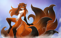 Size: 1920x1200 | Tagged: safe, artist:twokinds, laura (twokinds), canine, fictional species, fox, keidran, kitsune, mammal, anthro, twokinds, 8:5, female, multiple tails, nudity, solo, solo female, tail