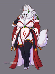 Size: 2906x3894 | Tagged: safe, artist:inu-sama, amaterasu (okami), canine, mammal, wolf, anthro, capcom, okami, 2021, arm fluff, bedroom eyes, black nose, body markings, breasts, claws, cleavage fluff, clothes, dress, ear fluff, ear piercing, earring, eyebrows, eyelashes, facial markings, female, fluff, fur, gray background, green eyes, high res, huge breasts, legwear, looking at you, open mouth, open smile, paws, piercing, side slit, simple background, smiling, solo, solo female, standing, tail, tail fluff, thick thighs, thigh highs, thighs, toeless legwear, white body, white fur