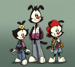 Size: 2048x1841 | Tagged: safe, artist:hammerspaced, dot warner (animaniacs), wakko warner (animaniacs), yakko warner (animaniacs), animaniac (species), fictional species, mammal, anthro, plantigrade anthro, animaniacs, warner brothers, 90s, brother, brother and sister, brothers, fashion, female, group, male, siblings, sister, trio