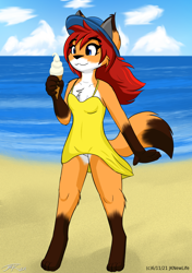 Size: 1200x1700 | Tagged: safe, artist:jknewlife, 2021, beach, clothes, cute, dress, female, food, ice cream, ice cream cone, licking, ocean, redraw, remake, sand, solo, solo female, standing, summer, sundress, thick eyebrows, tongue, tongue out, water, yellow dress