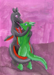 Size: 1588x2209 | Tagged: safe, artist:gyrotech, oc, oc:saul ashle, fictional species, kobold, lizard, reptile, salazzle, feral, nintendo, pokémon, duo, gray body, green body, orange body, purple body, ribbons (body part), scales, tail