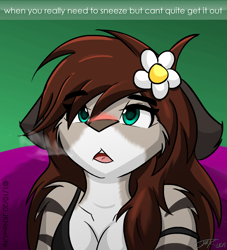Size: 2000x2200 | Tagged: safe, artist:jknewlife, cat, feline, mammal, anthro, 2021, blushing, cute, female, high res, sexy, sneezing, solo, solo female, stripes, thick eyebrows
