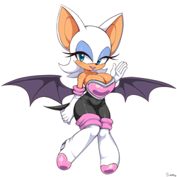 Size: 3000x3000 | Tagged: safe, artist:simmsyfart, rouge the bat (sonic), bat, mammal, anthro, cc by-nc, creative commons, sega, sonic the hedgehog (series), 2021, adorasexy, big breasts, black nose, boots, breasts, cleavage, clothes, cute, cute little fangs, ears, eyelashes, eyeshadow, fangs, female, fur, gloves, high res, lipstick, long gloves, looking at you, makeup, multicolored body, sexy, shoes, simple background, smiling, smiling at you, solo, solo female, tail, teal eyes, teeth, thighs, webbed wings, white background, white body, white fur, wings