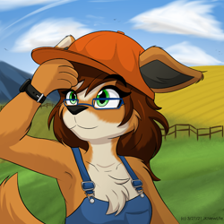 Size: 1200x1200 | Tagged: safe, artist:jknewlife, canine, dog, mammal, anthro, 2021, clothes, farm, female, fence, field, glasses, overalls, solo, solo female, spots
