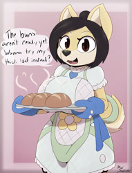 Size: 2600x3400 | Tagged: safe, artist:miso_souperstar, oc, oc only, oc:tofu sato (miso souperstar), canine, dog, mammal, shiba inu, anthro, 2020, apron, black body, black fur, black nose, bread, breasts, brown eyes, clothes, cute, cute little fangs, dialogue, double meaning, ears, eyebrows, eyelashes, fangs, fluff, food, fur, gloves, high res, huge breasts, intersex, intersex female, looking at you, multicolored fur, open mouth, open smile, smiling, smiling at you, solo, solo intersex female, speech bubble, tail, tail fluff, talking, teeth, tongue, two toned body, two toned fur, yellow body, yellow fur
