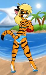 Size: 1240x2000 | Tagged: safe, artist:jknewlife, big cat, feline, mammal, tiger, anthro, beach, bikini, blonde hair, clothes, cloud, cute, female, flip flops, fur, hair, island, looking at you, looking back, looking back at you, ocean, palm tree, pose, solo, solo female, storm, striped fur, swimsuit, tigress, tree, water