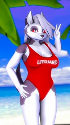 Size: 720x1280 | Tagged: safe, artist:eltorus19, loona (vivzmind), canine, fictional species, hellhound, mammal, anthro, hazbin hotel, helluva boss, 3d, beach, black nose, breasts, clothes, cloud, colored sclera, ears, eyelashes, female, fur, gesture, hair, hand on hip, looking at you, ocean, one-piece swimsuit, peace sign, phone, red sclera, sand, sky, smiling, smiling at you, solo, solo female, source filmmaker, swimsuit, tail, thighs, water, wide hips