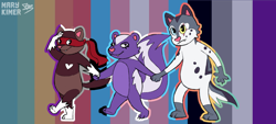Size: 4000x1800 | Tagged: safe, artist:marykimer, canine, ferret, mammal, mustelid, skunk, wolf, anthro, barefoot, black outline, brown body, brown fur, claws, colored outline, double outline, fangs, flag, flat colors, fluff, fur, gray body, gray fur, group, heterochromia, holding, holding hands, multicolored outline, pride flag, purple body, purple fur, rainbow outline, sharp teeth, signature, simple background, spotted fur, teeth, trio, walking, white body, white fur