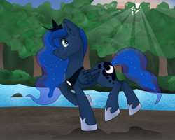 Size: 5000x4000 | Tagged: safe, artist:zeronitroman, princess luna (mlp), alicorn, equine, fictional species, mammal, pony, feral, friendship is magic, hasbro, my little pony, 2019, absurd resolution, ethereal mane, ethereal tail, feathered wings, feathers, female, folded wings, forest, hoof shoes, horn, jewelry, looking at you, mare, nature, nightfall, peytral, regalia, river, running, smiling, smiling at you, solo, solo female, sunset, tail, water, wings