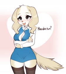 Size: 1265x1403 | Tagged: safe, artist:fredek666, inui (aggretsuko), borzoi, canine, dog, mammal, anthro, aggretsuko, sanrio, spoiler, spoiler:aggretsuko s3, blushing, breasts, cleavage, clothes, crossed arms, dialogue, fangs, female, legwear, open mouth, open smile, sharp teeth, smiling, solo, solo female, stockings, talking, teeth, text, thigh highs