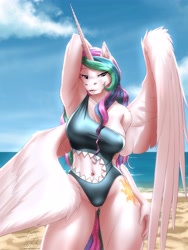 Size: 4500x6000 | Tagged: safe, artist:mykegreywolf, princess celestia (mlp), alicorn, equine, fictional species, mammal, pony, anthro, friendship is magic, hasbro, my little pony, absurd resolution, anthrofied, arm behind head, beach, belly button, breasts, butt, clothes, cutie mark, ear fluff, eyebrow through hair, eyebrows, eyelashes, feathered wings, feathers, female, fluff, fur, glistening, hair, hand on hip, horn, lidded eyes, long hair, looking at you, mare, multicolored hair, multicolored tail, one-piece swimsuit, outdoors, pose, purple eyes, sharkbite swimsuit, shoulder fluff, smiling, solo, solo female, sparkly hair, sparkly mane, sparkly tail, swimsuit, tail, underass, white body, white fur, wings