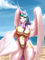 Size: 4500x6000 | Tagged: safe, alternate version, artist:mykegreywolf, princess celestia (mlp), alicorn, equine, fictional species, mammal, pony, anthro, friendship is magic, hasbro, my little pony, absurd resolution, anthrofied, arm behind head, armpits, beach, bedroom eyes, big breasts, breasts, butt, clothes, curvy, cutie mark, ear fluff, eyebrow through hair, eyebrows, eyelashes, feathered wings, feathers, female, fluff, fur, glistening, hair, hand on hip, horn, lidded eyes, long hair, looking at you, mare, multicolored hair, multicolored tail, one-piece swimsuit, outdoors, pose, purple eyes, seductive, seductive pose, shoulder fluff, smiling, solo, solo female, sparkly hair, sparkly mane, sparkly tail, swimsuit, tail, thick thighs, thighs, thong swimsuit, underass, wet, wet hair, white body, white fur, wide hips, wings