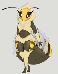 Size: 995x1280 | Tagged: safe, artist:tffeathers, oc, oc:blossom (tffeathers), arthropod, bee, insect, anthro, 2021, antennae, belly button, black sclera, colored sclera, digital art, female, fluff, gray background, neck fluff, simple background, solo, solo female, white eyes, wings