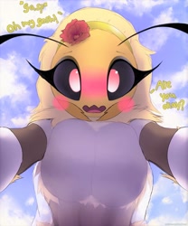 Size: 1064x1280 | Tagged: safe, artist:tffeathers, oc, oc:blossom (tffeathers), arthropod, bee, insect, anthro, big breasts, blushing, breasts, clothes, dialogue, dress, female, flower, flower on head, fluff, headband, holding viewer, looking at you, neck fluff, offscreen character, pov, solo, solo female, talking, talking to viewer