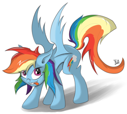 Size: 1552x1399 | Tagged: safe, artist:graphene, rainbow dash (mlp), bat pony, equine, fictional species, mammal, pony, feral, friendship is magic, hasbro, my little pony, 2014, bat wings, blue body, blue fur, feathers, female, fur, hair, mane, mare, race swap, rainbow hair, rainbow mane, rainbow tail, solo, solo female, species swap, tail, tongue, tongue out, webbed wings, wings