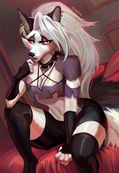Size: 1500x2184 | Tagged: safe, artist:gaby-t, loona (vivzmind), canine, fictional species, hellhound, mammal, anthro, digitigrade anthro, hazbin hotel, helluva boss, 2021, bed, black body, black fur, black nose, bottomwear, breasts, cleavage, clothes, collar, colored sclera, crop top, cropped shirt, ear fluff, ear piercing, earring, ears, eyebrows, eyelashes, eyeshadow, female, fingerless gloves, fluff, fur, gloves, gray hair, hair, indoors, legwear, lidded eyes, long hair, looking at you, makeup, midriff, multicolored fur, open mouth, piercing, red sclera, shoulder fluff, solo, solo female, spiked collar, tail, tail fluff, teeth, thigh highs, thighs, tongue, topwear, torn clothes, torn ear, white body, white eyes, white fur