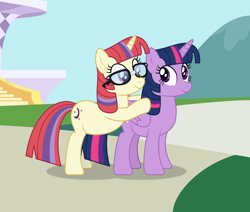 Size: 5846x4946 | Tagged: safe, artist:thatusualguy06, moondancer (mlp), twilight sparkle (mlp), alicorn, equine, fictional species, mammal, pony, unicorn, feral, friendship is magic, hasbro, my little pony, 2021, absurd resolution, atg 2021, canterlot, duo, duo female, female, females only, glasses, leaning, mare, natg 2021, newbie artist training grounds, on model, smiling, vector
