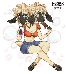 Size: 1075x1200 | Tagged: safe, artist:larr_u, oc, oc only, oc:mindy (larr_u), bovid, caprine, mammal, sheep, anthro, unguligrade anthro, amber eyes, blue eyes, bottomwear, breasts, bubble tea, clothes, cloven hooves, conjoined, conjoined twins, cream body, cream fur, cream hair, dessert, dewclaw, drink, dualism, ears, female, food, fur, golden eyes, hair, hooves, ice cream, ice cream bar, jean shorts, jewelry, looking at you, multiple heads, necklace, pants, sandals, shoes, simple background, sitting, tail, topwear, two heads, white background