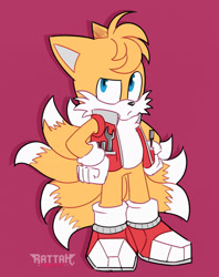 Size: 1600x2025 | Tagged: safe, artist:rattah, miles "tails" prower (sonic), canine, fox, mammal, red fox, anthro, plantigrade anthro, sega, sonic prime, sonic the hedgehog (series), 2021, dipstick tail, fluff, male, multiple tails, nine tails, orange tail, solo, solo male, tail, tail fluff, white tail