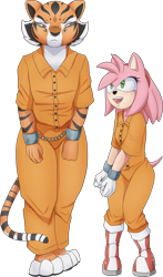 Size: 1239x2111 | Tagged: source needed, useless source url, safe, artist:vikifangirl, amy rose (sonic), master tigress (kung fu panda), big cat, feline, hedgehog, mammal, tiger, anthro, dreamworks animation, kung fu panda, sega, sonic the hedgehog (series), clothes, cuffs, duo, duo female, female, females only, looking at each other, open mouth, prison outfit, prisoner, simple background, tail, tigress, tongue, transparent background