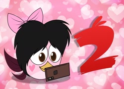 Size: 1659x1196 | Tagged: safe, artist:muhammad yunus, oc, oc only, oc:siti shafiyyah (sofie), bird, feral, angry birds, angry birds 2, birdified, black hair, bow, cell phone, female, feralized, hair, hair bow, heart, medibang paint, phone, pink body, rovio, smartphone, smiling, solo, solo female, species swap, tail