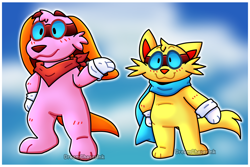 Size: 1500x1000 | Tagged: safe, artist:shift-dreams, baxter (rhythm heaven), forthington (rhythm heaven), canine, cat, dog, feline, mammal, anthro, nintendo, rhythm heaven, :3, bandanna, black outline, clothes, cloud, double outline, duo, duo male, gloves, goggles, gradient outline, male, males only, sky, smiling, tail, watermark, white outline