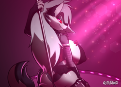 Size: 2770x2000 | Tagged: suggestive, artist:gothstoat, loona (vivzmind), canine, fictional species, hellhound, mammal, anthro, cc by-nc-nd, creative commons, hazbin hotel, helluva boss, 2021, big butt, black nose, bottomwear, breasts, butt, clothes, collar, colored sclera, ear fluff, eyebrow piercing, eyebrows, eyelashes, eyeshadow, female, fishnet, fishnet armwear, fishnet stockings, fluff, fur, gloves, gray body, gray fur, gray hair, hair, high res, huge breasts, legwear, long gloves, looking at you, looking back, looking back at you, makeup, multicolored fur, nipple outline, panties, piercing, pole, pole dancing, red sclera, see-through, shoulder fluff, skirt, solo, solo female, spiked collar, stockings, tail, tail fluff, thick thighs, thighs, underwear, white body, white eyes, white fur