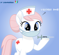 Size: 3000x2766 | Tagged: safe, artist:keronianniroro, nurse redheart (mlp), earth pony, equine, fictional species, mammal, pony, friendship is magic, hasbro, my little pony, 2020, coronavirus, covid-19, face mask, female, fur, hair, high res, looking at you, mane, mare, mask, movie accurate, pink hair, pink mane, pink tail, signature, solo, solo female, syringe, tail, vaccination, white body, white fur
