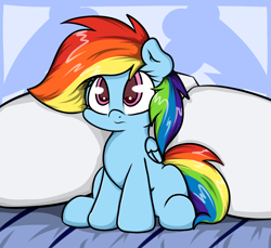 Size: 1800x1647 | Tagged: safe, artist:graphene, rainbow dash (mlp), equine, fictional species, mammal, pegasus, pony, feral, friendship is magic, hasbro, my little pony, 2014, bed, blue body, cute, eyelashes, female, hair, mane, mare, pillow, rainbow hair, rainbow mane, rainbow tail, solo, solo female, tail