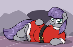 Size: 2000x1301 | Tagged: safe, artist:graphene, maud pie (mlp), earth pony, equine, fictional species, mammal, pony, feral, friendship is magic, hasbro, my little pony, 2014, christmas, clothes, eyelashes, female, gray body, hair, holiday, mane, purple hair, purple mane, purple tail, slightly chubby, solo, solo female, tail