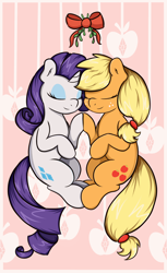 Size: 1304x2133 | Tagged: safe, artist:graphene, applejack (mlp), rarity (mlp), earth pony, equine, fictional species, mammal, pony, unicorn, feral, friendship is magic, hasbro, my little pony, 2014, duo, duo female, eyelashes, eyes closed, eyeshadow, female, female/female, females only, feral/feral, horn, makeup, mare, mistletoe, rarijack (mlp), shipping, tail