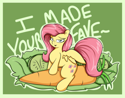 Size: 2300x1800 | Tagged: safe, artist:graphene, fluttershy (mlp), equine, fictional species, mammal, pegasus, pony, feral, friendship is magic, hasbro, my little pony, 2015, bedroom eyes, carrot, eyelashes, feathered wings, feathers, female, food, fur, hair, high res, mane, mare, pink hair, pink mane, pink tail, salad, solo, solo female, tail, vegetables, wings, yellow body, yellow fur