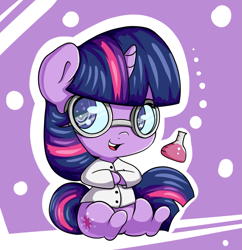 Size: 1357x1399 | Tagged: safe, artist:graphene, twilight sparkle (mlp), equine, fictional species, mammal, pony, unicorn, feral, friendship is magic, hasbro, my little pony, 2016, chibi, clothes, cute, female, glasses, horn, lab coat, mare, round glasses, sitting, solo, solo female